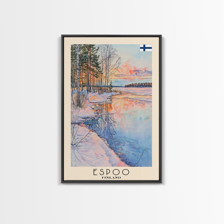 Espoo Finland Serene Landscape Watercolor Framed Canvas Print, Tranquil Travel Poster Art for Home and Office Wall Decor