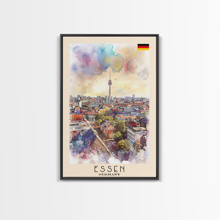 Essen Germany Vibrant Cityscape Watercolor Framed Canvas Print, Dynamic Travel Poster Art for Living Room and Bedroom Decor
