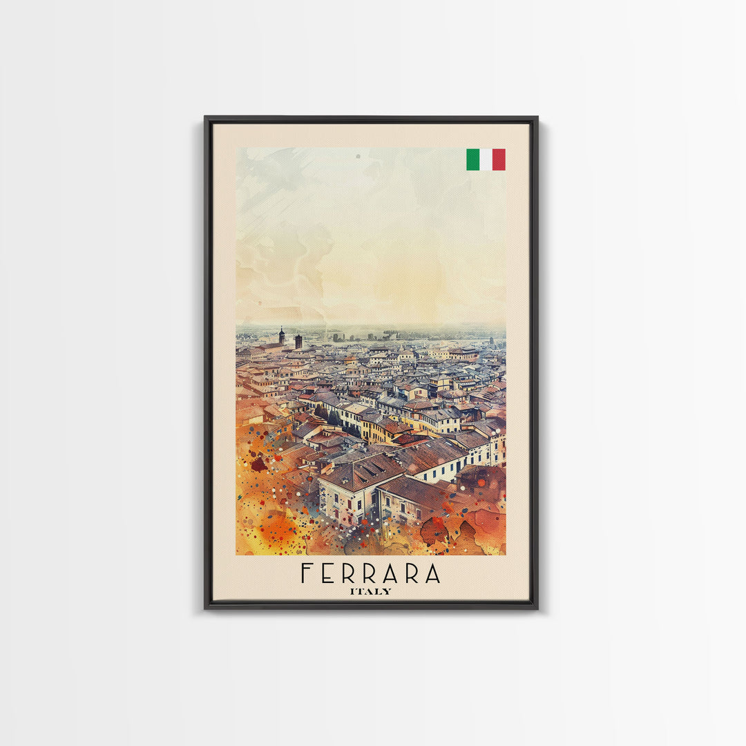 Ferrara Italy Historic Watercolor Framed Canvas Print, Elegant Travel Poster Art for Living Room and Office Wall Decor