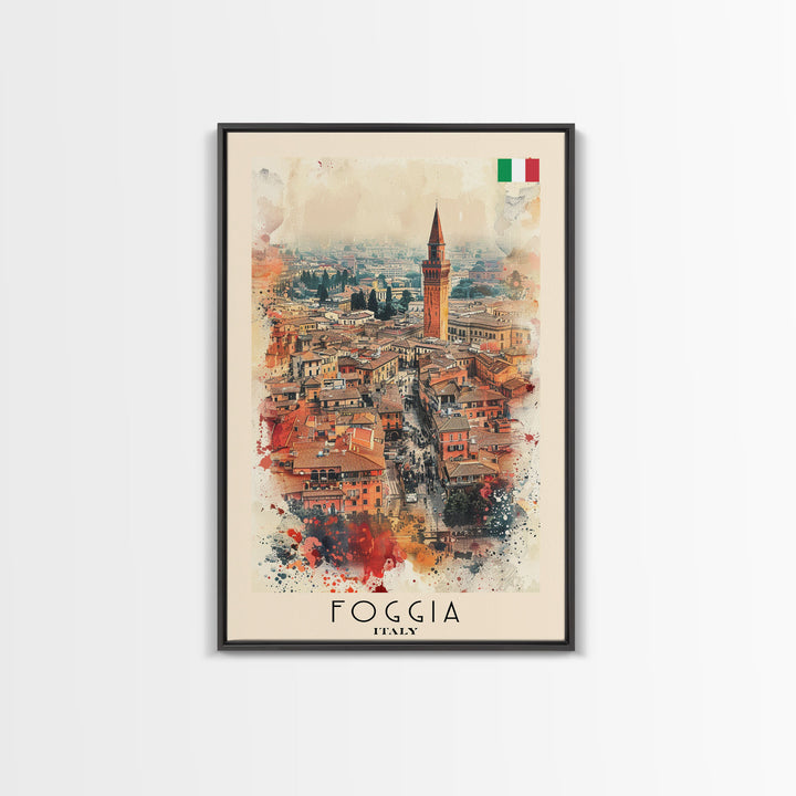 Foggia Italy Architectural Watercolor Framed Canvas Print, Striking Travel Poster Art for Living Room and Office Decor