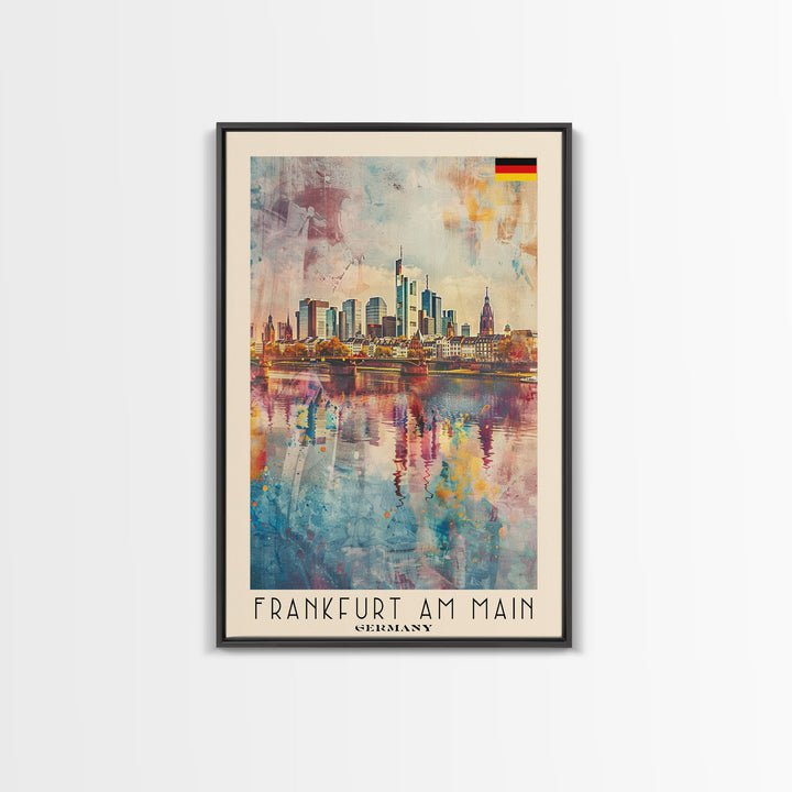 Frankfurt Germany Modern Skyline Watercolor Framed Canvas Print, Contemporary Travel Poster Art for Home and Office Wall Decor