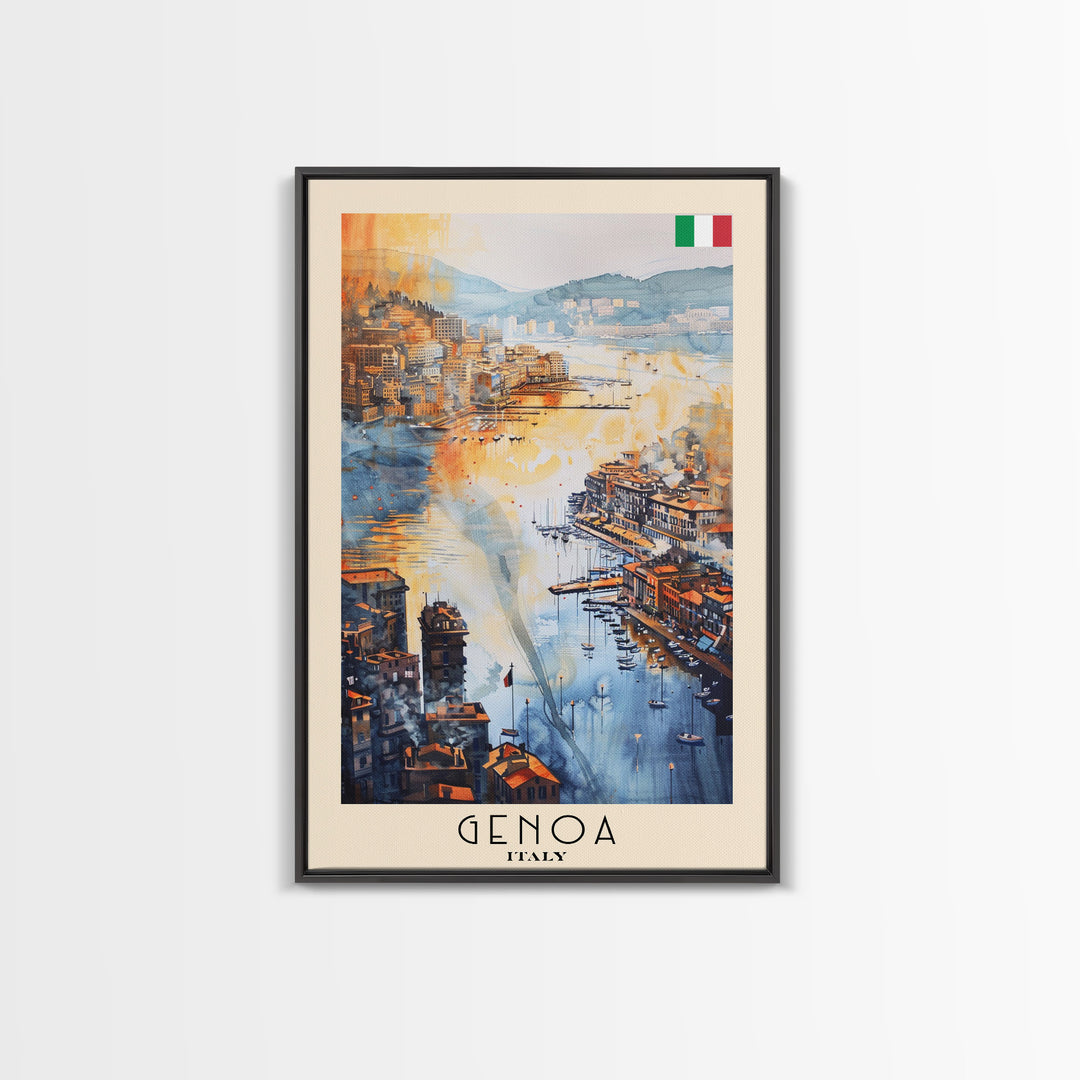 Genoa Italy Watercolor Cityscape Art, Framed Canvas Print, Wall Art for Living Room, Travel Poster Art, Home Decor, Italian Art