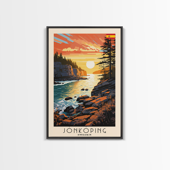 Jonkoping Sweden Lakeside View, Framed Canvas Print, Travel Poster, Serene Wall Art, Bedroom Decor, Scandinavian Cityscape, Modern Home Decoration