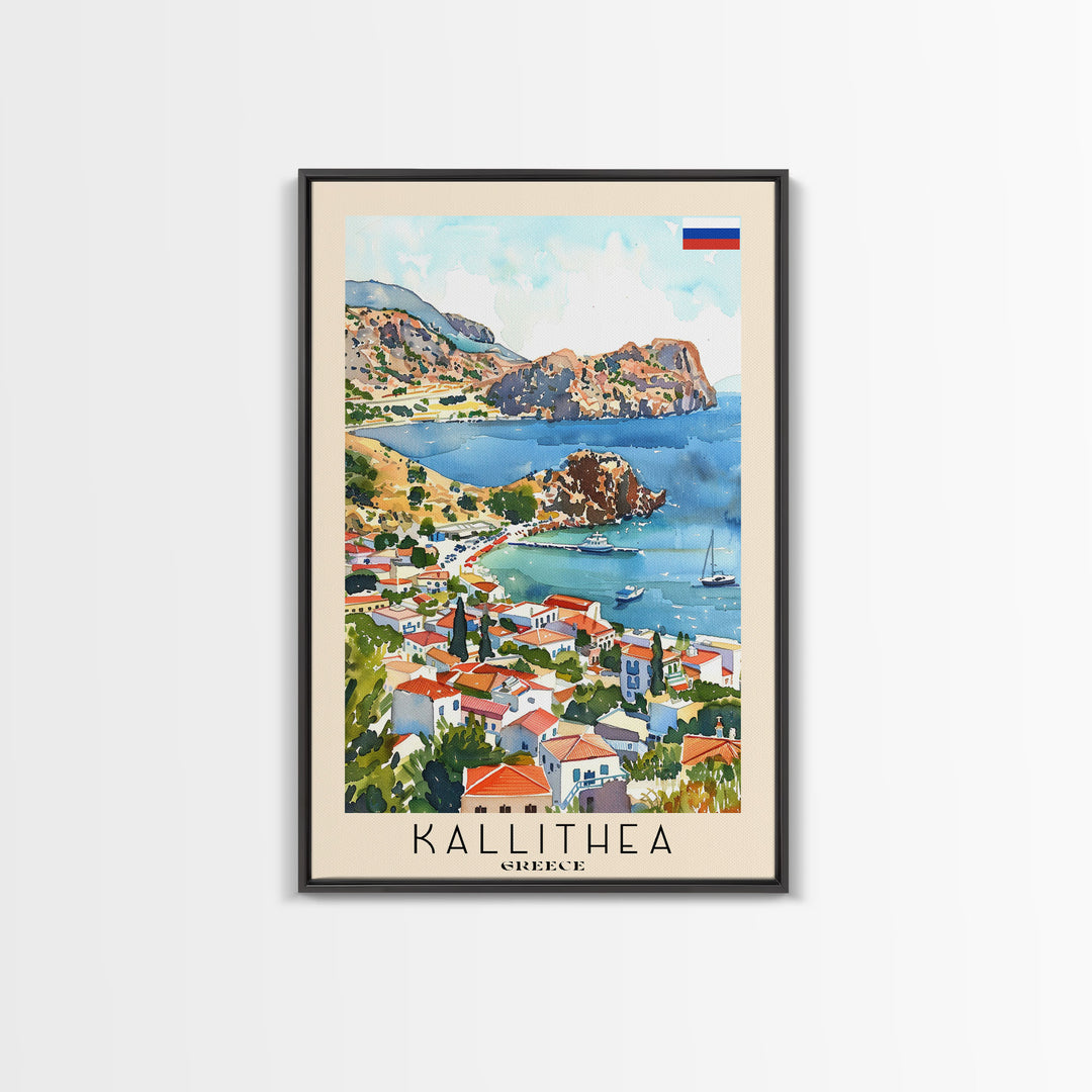 Kallithea Greece Coastal City View, Framed Canvas Print, Travel Poster, Mediterranean Wall Art, Living Room Decor, Greek Cityscape, Seaside Home Decoration