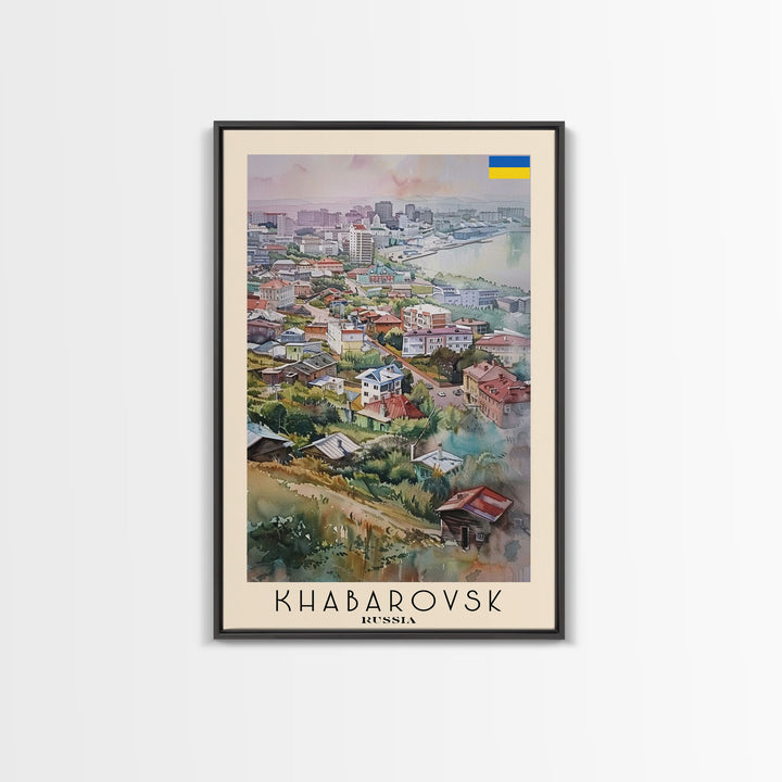 Khabarovsk Russia Riverside View, Framed Canvas Print, Travel Poster, Wall Art, Home Decor, Living Room Decoration, Russian Cityscape Art