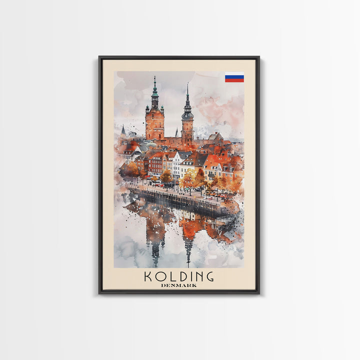 Kolding Denmark Waterfront View, Framed Canvas Print, Travel Poster, Wall Art, Kitchen Decor, Danish Urban Painting, Waterfront Scenery