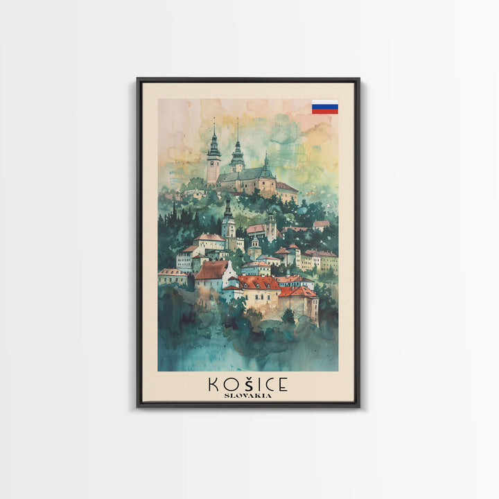 Kosice Slovakia Historic Cityscape, Framed Canvas Print, Travel Poster, Wall Art, Office Decor, Slovakian Urban Painting, Historic City Scene