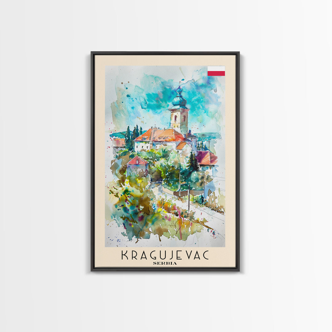 Kragujevac Serbia Travel Poster Framed Canvas Print, Watercolor Painting, Boho Wall Art, Living Room Decor, Scenic Art, Travel Print