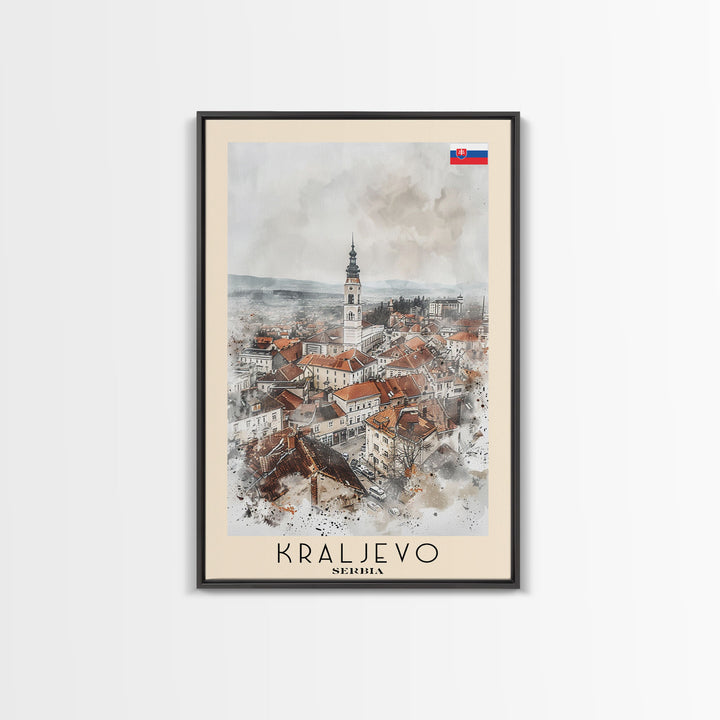 Kraljevo Serbia Travel Poster Framed Canvas Print, Urban Landscape, Watercolor Wall Art, Home Decor, Original Art, Travel Print