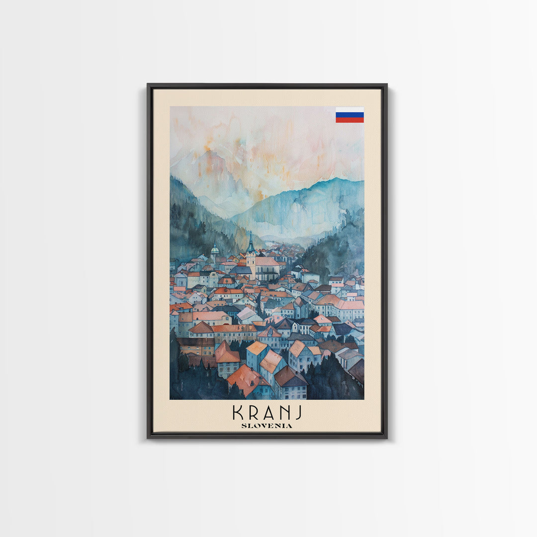 Kranj Slovenia Travel Poster Framed Canvas Print, Watercolor Painting, Scenic Wall Art, Living Room Decor, Artistic Travel Print, Vacation Souvenir