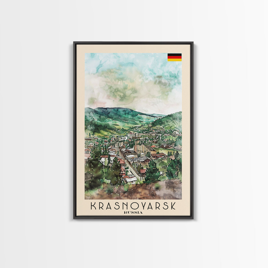 Krasnoyarsk Russia Travel Poster Framed Canvas Print, Watercolor Cityscape, Home Decor, Wall Art, Scenic Painting, Travel Print, Artistic Gift
