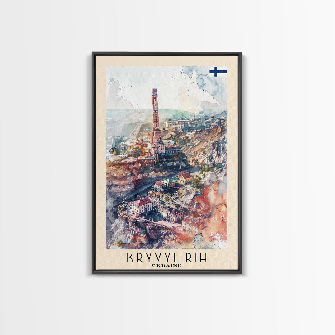 Kryvyi Rih Ukraine Travel Poster Framed Canvas Print, Watercolor Cityscape, Home Decor, Wall Art, Travel Print, Original Art
