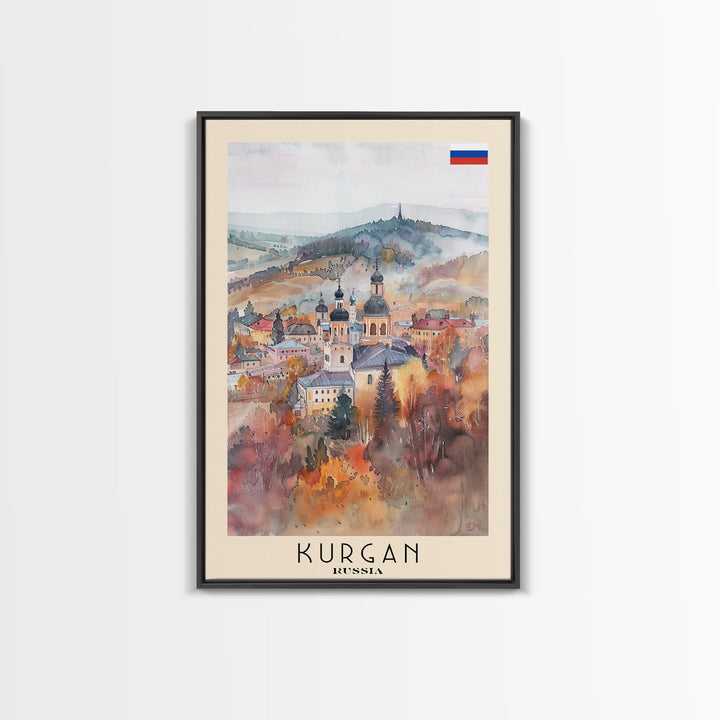 Kurgan Russia Travel Poster Framed Canvas Print, Urban Landscape, Watercolor Art, Wall Decor, Home Decoration, Travel Print, Original Art