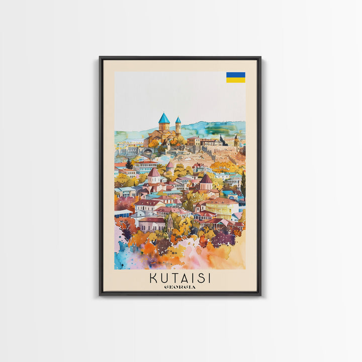 Kutaisi Georgia Travel Poster Framed Canvas Print, Scenic Landscape, Watercolor Art, Wall Decor, Home Decoration, Travel Print, Original Art