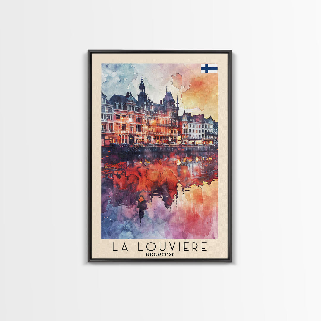 La Louviere Belgium Travel Poster Framed Canvas Print, Urban Landscape, Watercolor Art, Wall Decor, Home Decor, Travel Print, Original Art