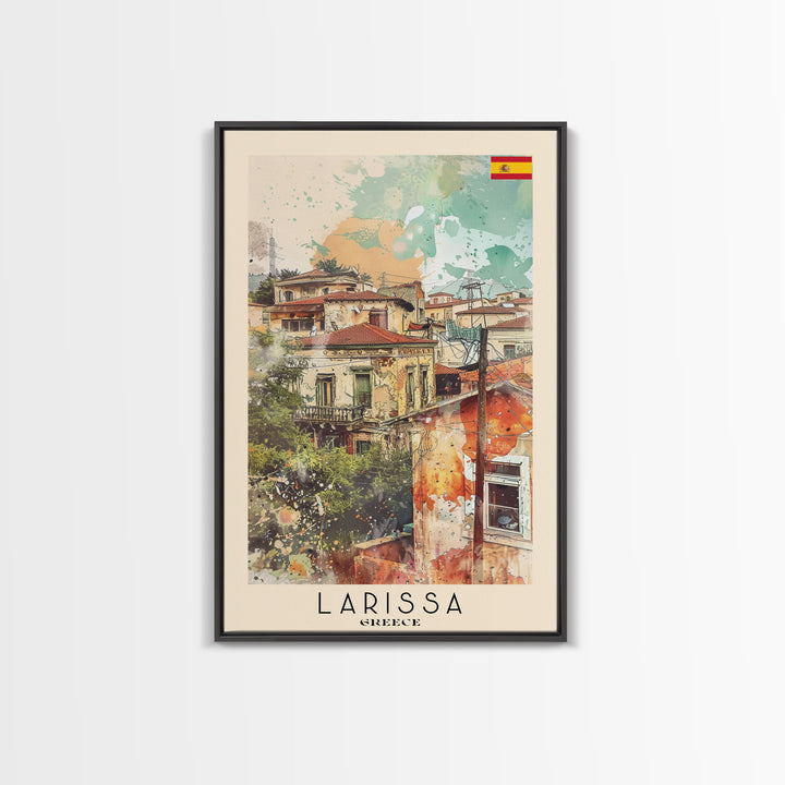 Larissa Greece Travel Poster Framed Canvas Print, Urban Landscape, Watercolor Art, Wall Decor, Home Decoration, Travel Print, Original Art