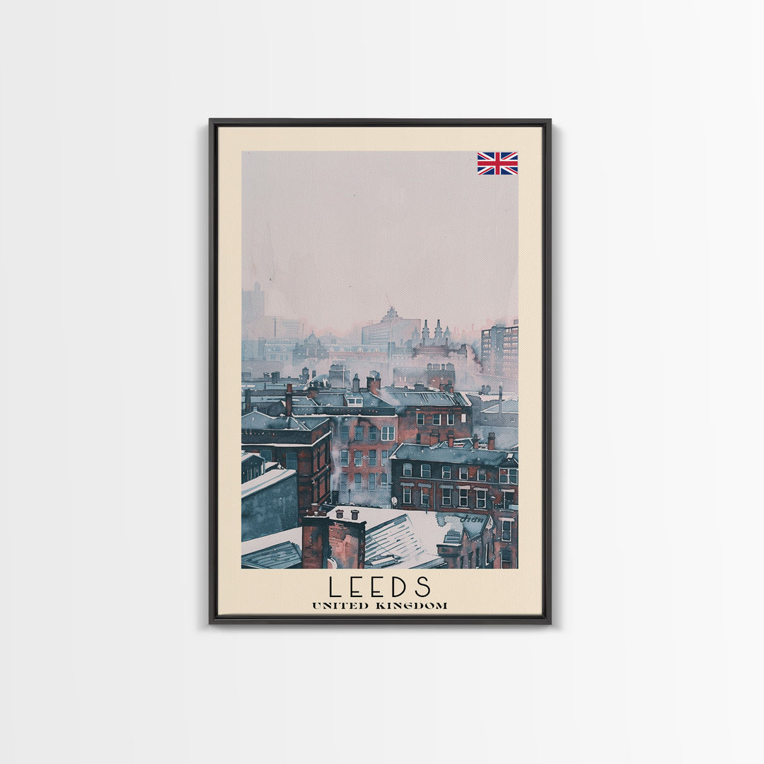 Leeds United Kingdom Travel Poster Framed Canvas Print, Urban Cityscape, Watercolor Art, Wall Decoration, Travel Print, Unique Art Gift