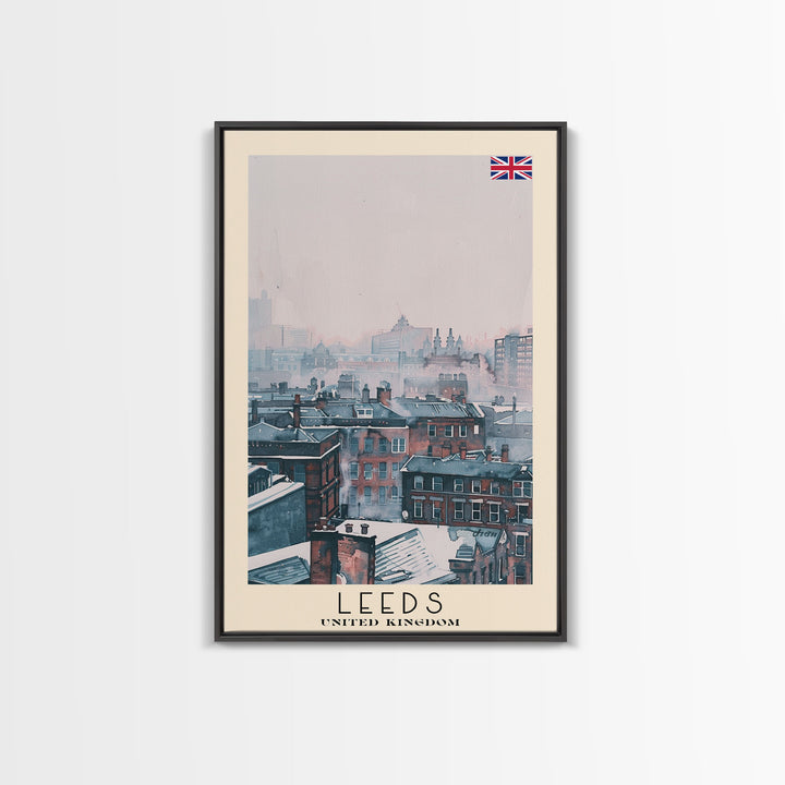 Leeds United Kingdom Travel Poster Framed Canvas Print, Urban Cityscape, Watercolor Art, Wall Decoration, Travel Print, Unique Art Gift