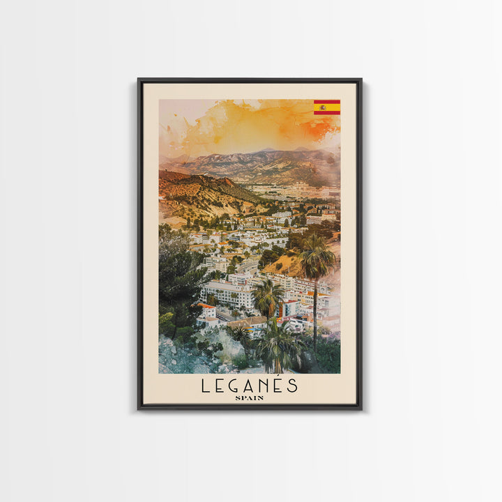 Leganes Spain Travel Poster Framed Canvas Print, Vibrant Cityscape, Watercolor Painting, Wall Art, Home Decor, Travel Print, Artistic Gift