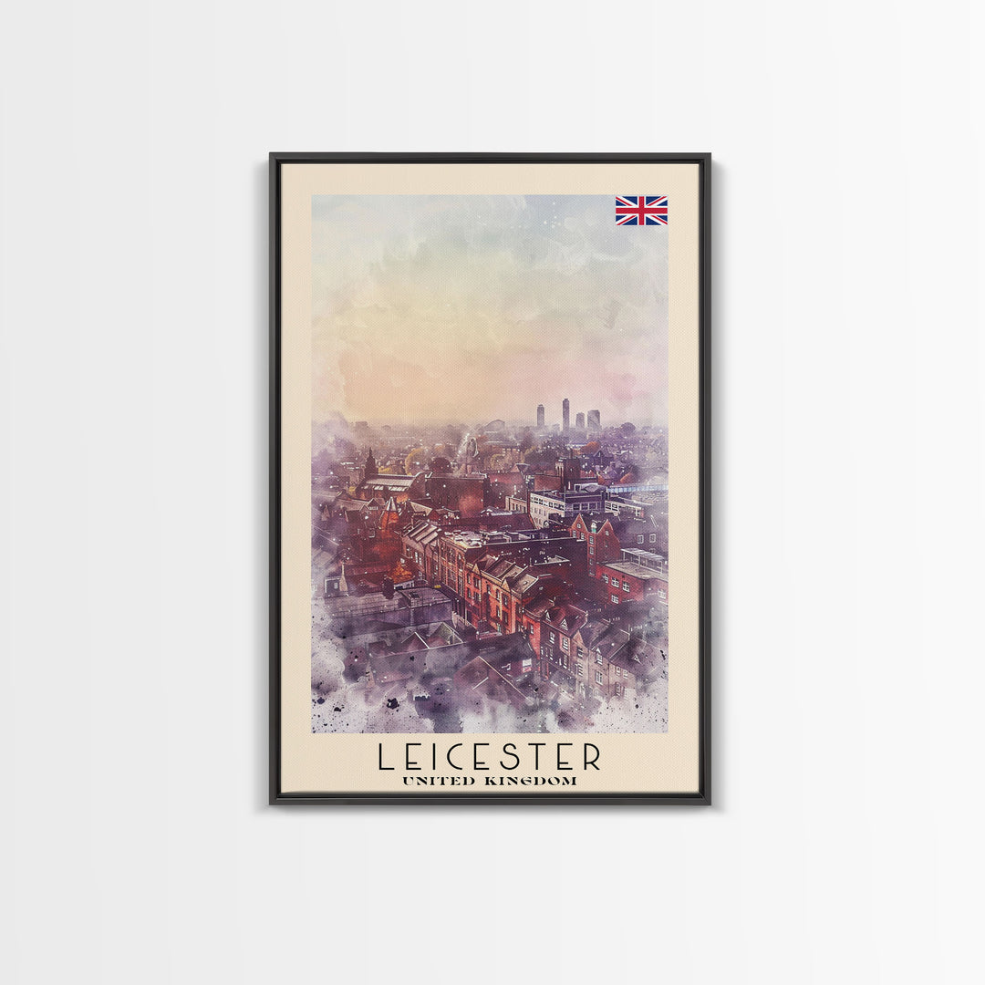 Leicester United Kingdom Travel Poster Framed Canvas Print, Historic Cityscape, Watercolor Art, Wall Decor, Home Decoration, Travel Print, Original Art