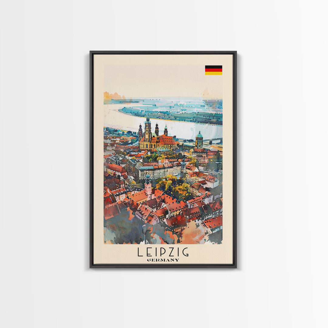 Leipzig Germany Travel Poster Framed Canvas Print, Urban Landscape, Watercolor Art, Wall Decoration, Home Decor, Travel Print, Artistic Gift