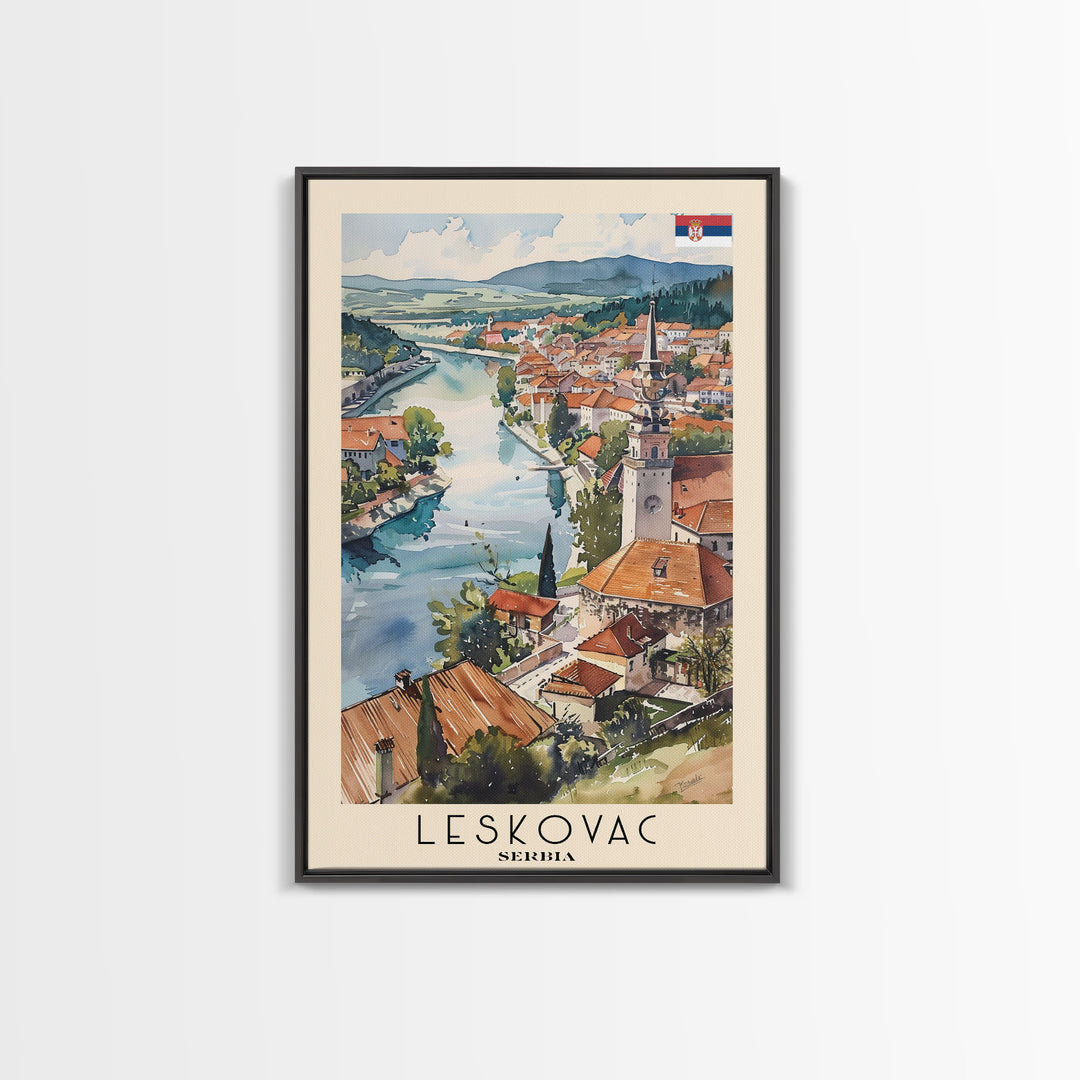 Leskovac Serbia Travel Poster Framed Canvas Print, Watercolor Cityscape, Wall Art, Home Decoration, Travel Print, Original Art, Artistic Gift