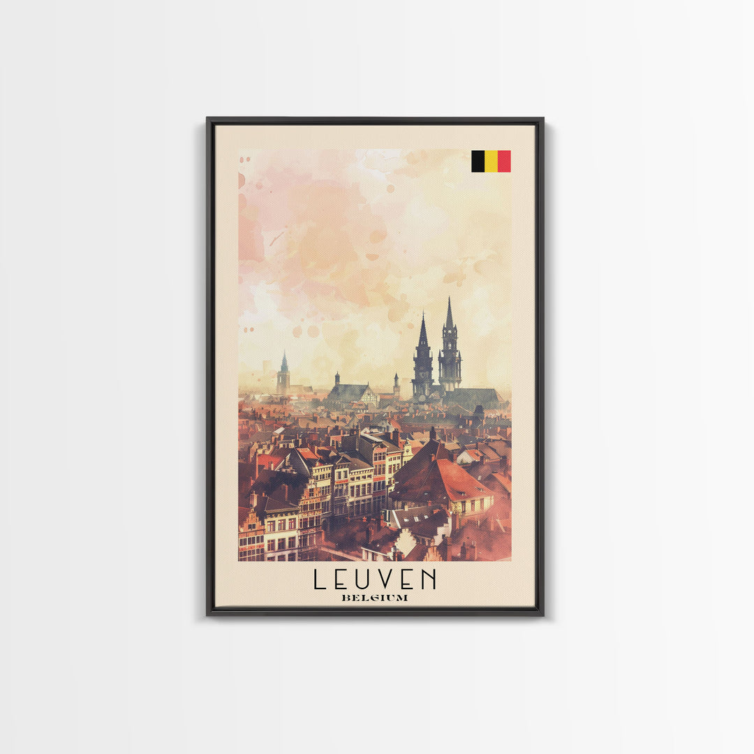 Leuven Belgium Travel Poster Framed Canvas Print, Historic Cityscape, Watercolor Art, Wall Decor, Home Decoration, Travel Print, Original Art