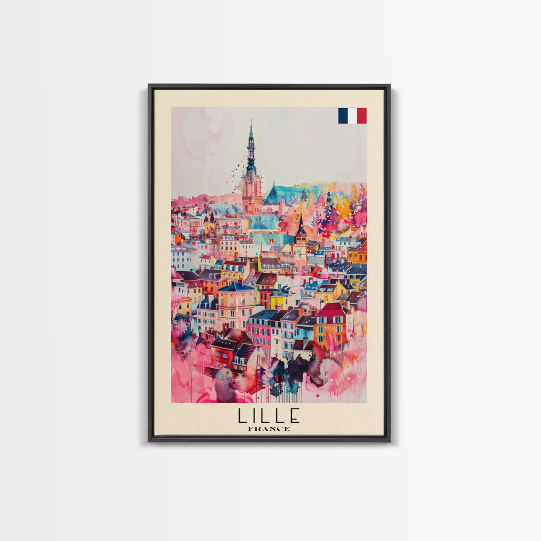 Lille France Travel Poster Framed Canvas Print, Historic Cityscape, Watercolor Painting, Wall Art, Home Decor, Travel Print, Artistic Gift