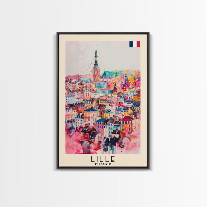 Lille France Travel Poster Framed Canvas Print, Historic Cityscape, Watercolor Painting, Wall Art, Home Decor, Travel Print, Artistic Gift