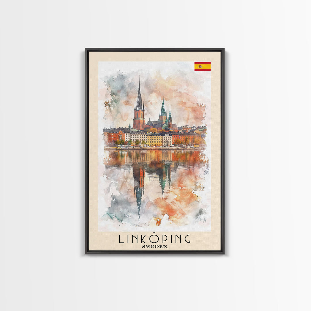 Linköping Sweden Travel Poster Framed Canvas Print, Urban Landscape, Watercolor Art, Wall Decor, Home Decoration, Travel Print, Original Art