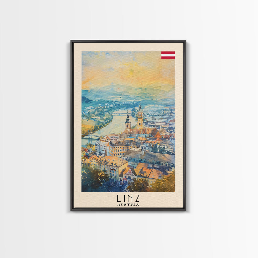 Linz Austria Travel Poster Framed Canvas Print, Scenic Landscape, Watercolor Painting, Wall Art, Home Decoration, Travel Print, Artistic Gift