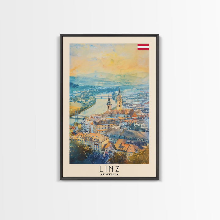 Linz Austria Travel Poster Framed Canvas Print, Scenic Landscape, Watercolor Painting, Wall Art, Home Decoration, Travel Print, Artistic Gift