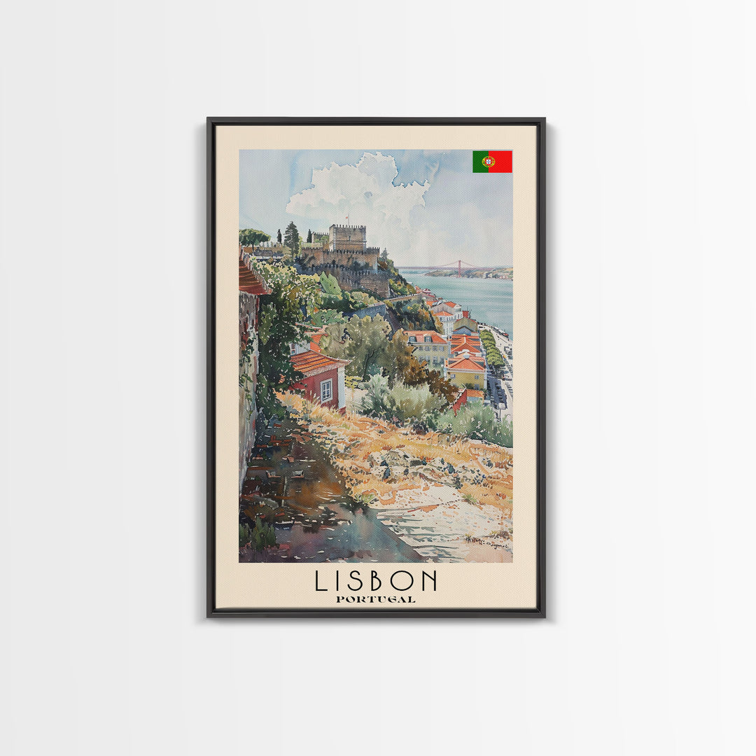 Lisbon Portugal Travel Poster Framed Canvas Print, Coastal Cityscape, Watercolor Painting, Wall Art, Home Decoration, Travel Print, Artistic Gift
