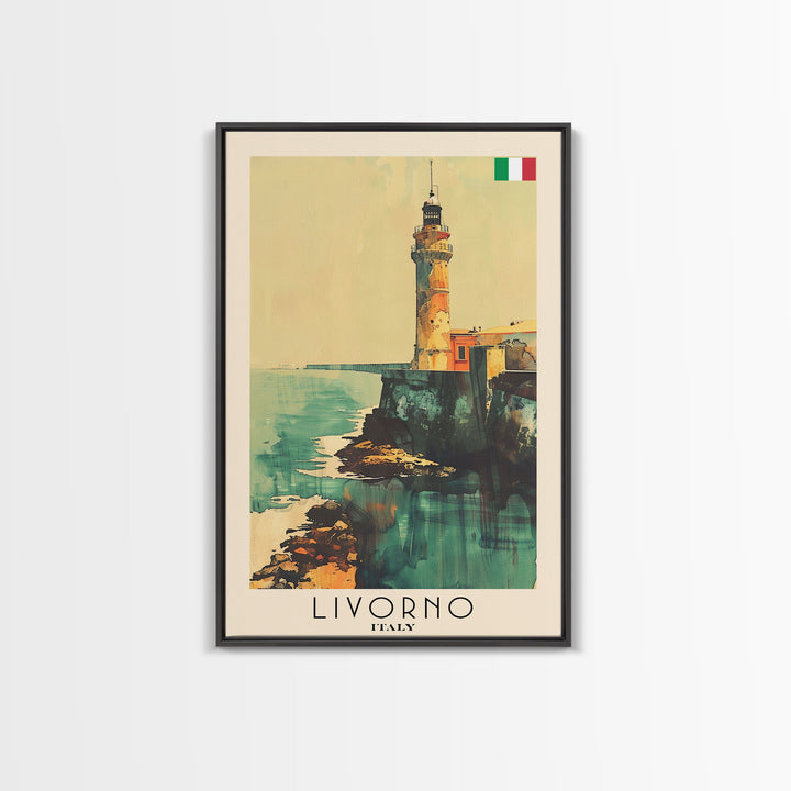 Livorno Italy Travel Poster Framed Canvas Print, Coastal Landscape, Watercolor Painting, Wall Art, Home Decor, Travel Print, Artistic Gift