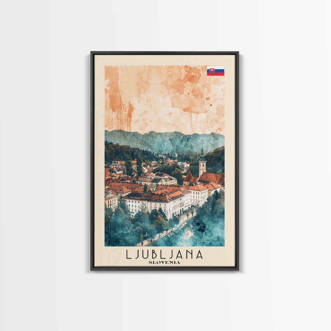 Ljubljana Slovenia Travel Poster Framed Canvas Print, Urban Landscape, Watercolor Art, Wall Decor, Home Decoration, Travel Print, Original Art