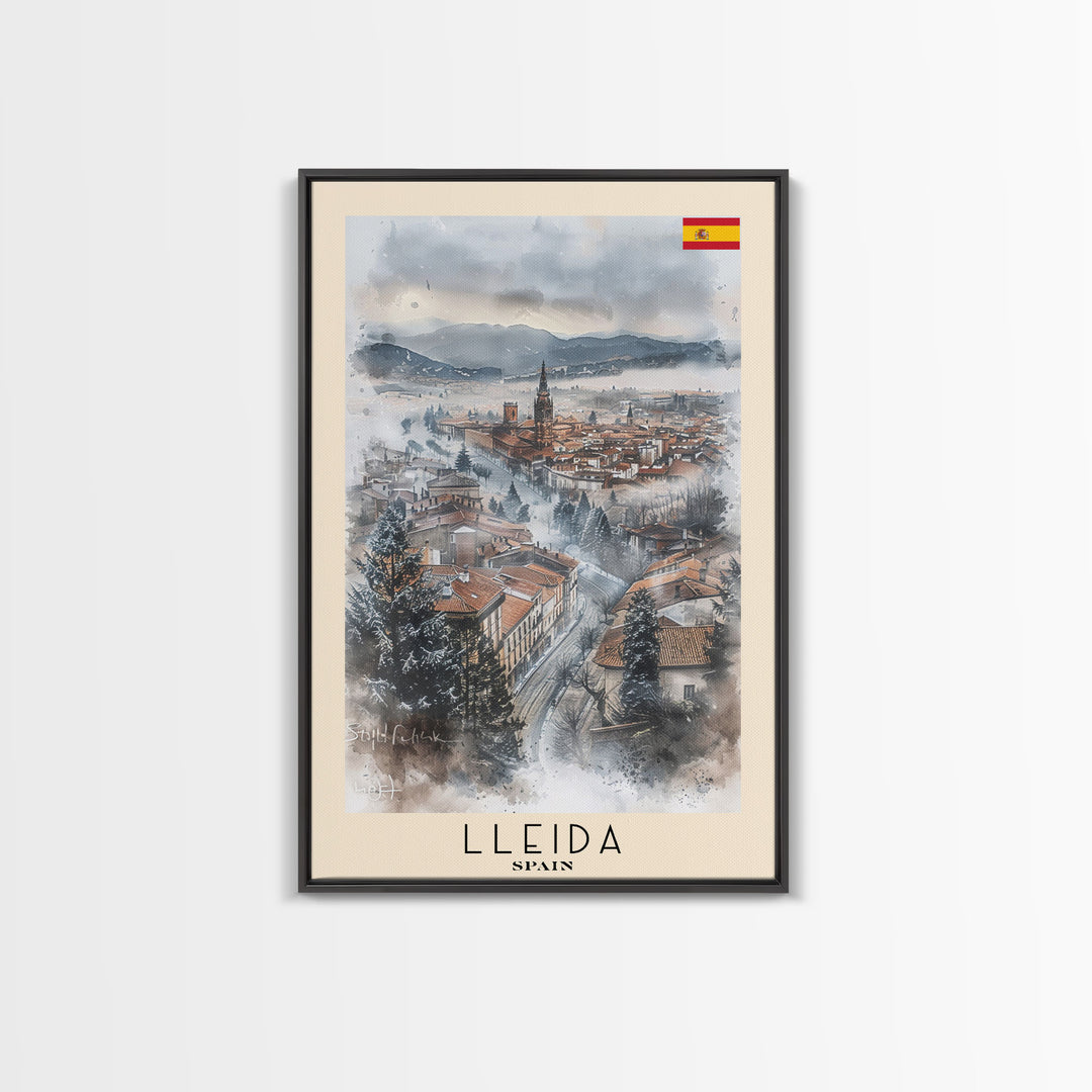 Lleida Spain Travel Poster Framed Canvas Print, Urban Landscape, Watercolor Art, Wall Decor, Home Decoration, Travel Print, Original Art