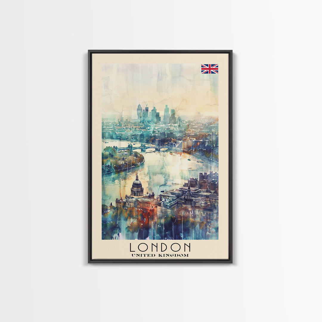 London United Kingdom Travel Poster Framed Canvas Print, Iconic Cityscape, Watercolor Art, Wall Decor, Home Decoration, Travel Print, Artistic Gift