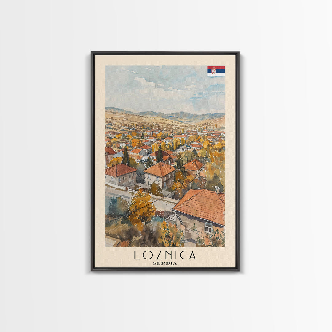 Loznica Serbia Travel Poster Framed Canvas Print, Urban Landscape, Watercolor Art, Wall Decor, Home Decoration, Travel Print, Original Art