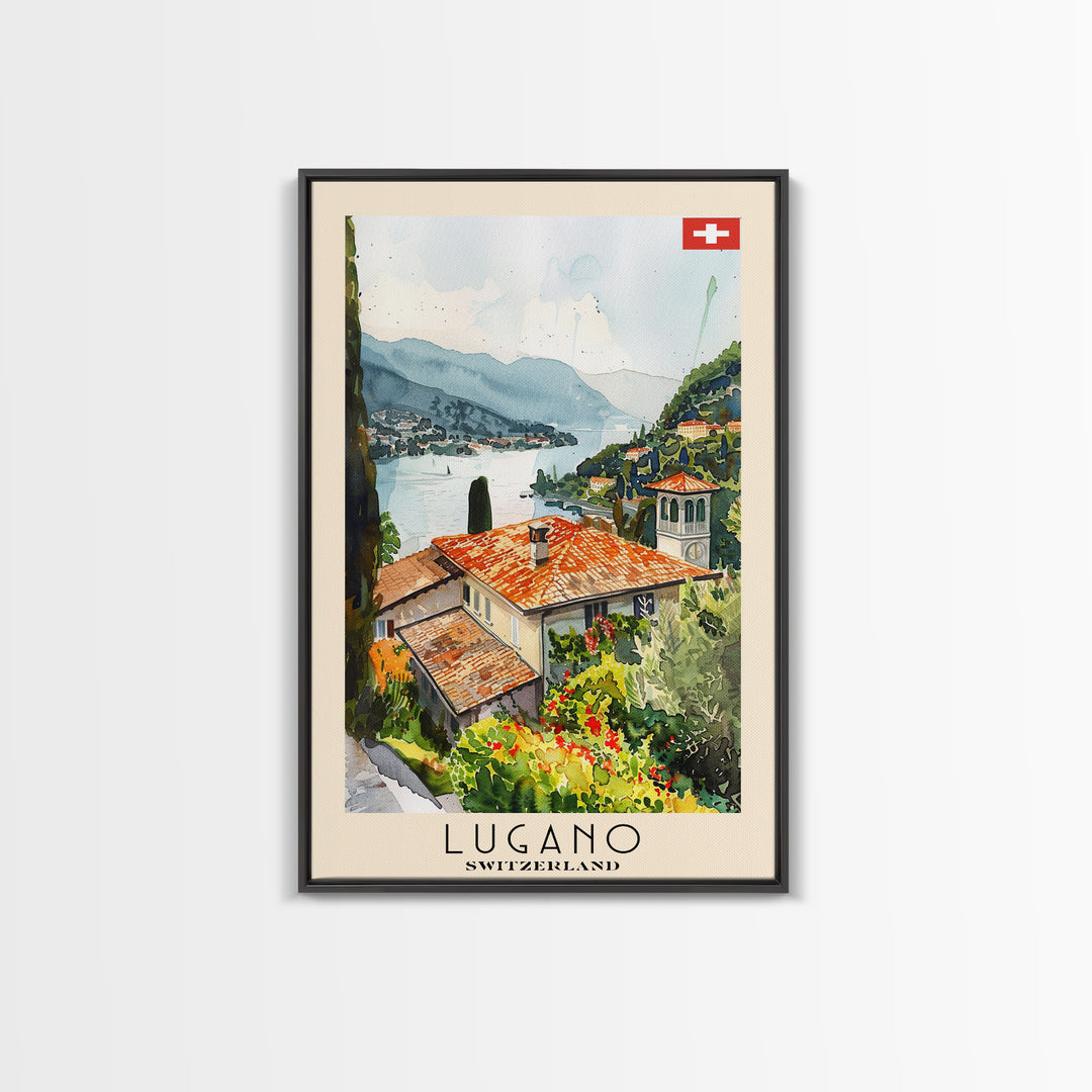 Lugano Switzerland Travel Poster Framed Canvas Print, Lakeside Cityscape, Watercolor Painting, Wall Art, Home Decoration, Travel Print, Artistic Gift