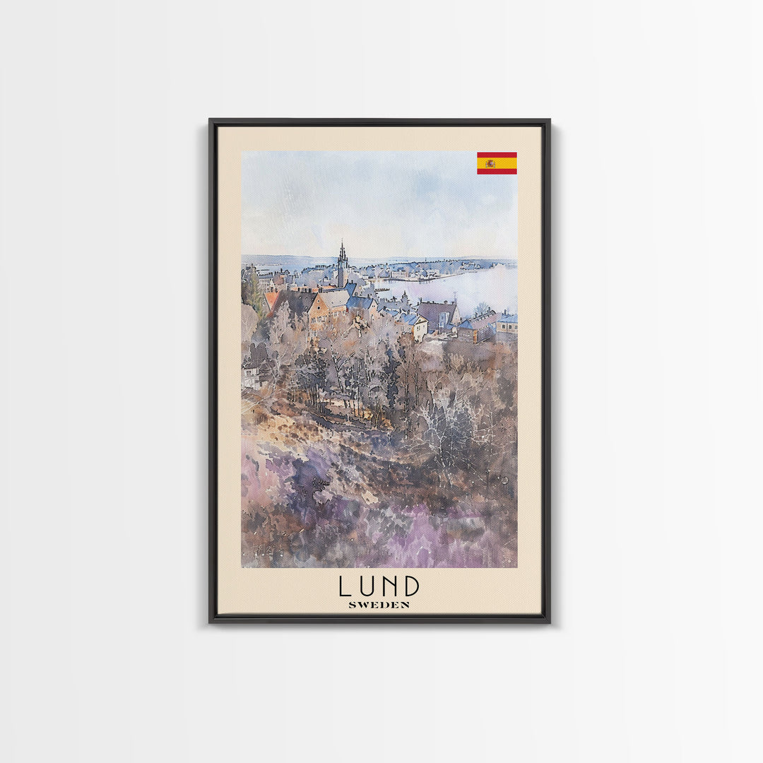 Lund Sweden Travel Poster Framed Canvas Print, Historic Cityscape, Watercolor Art, Wall Decor, Home Decoration, Travel Print, Original Art