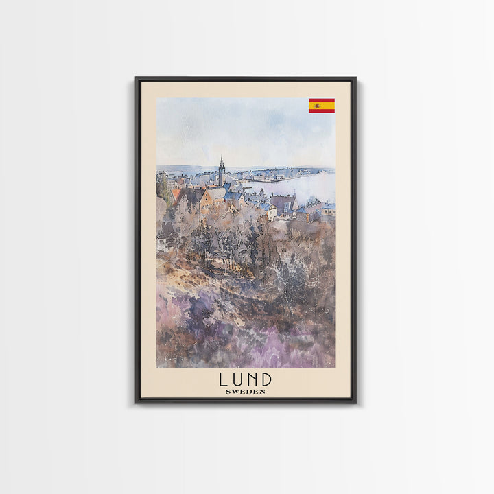 Lund Sweden Travel Poster Framed Canvas Print, Historic Cityscape, Watercolor Art, Wall Decor, Home Decoration, Travel Print, Original Art
