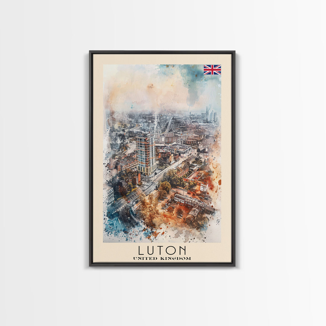 Luton United Kingdom Travel Poster Framed Canvas Print, Vibrant Cityscape, Urban Art, Wall Decor, Interior Design, Travel Print, Unique Art