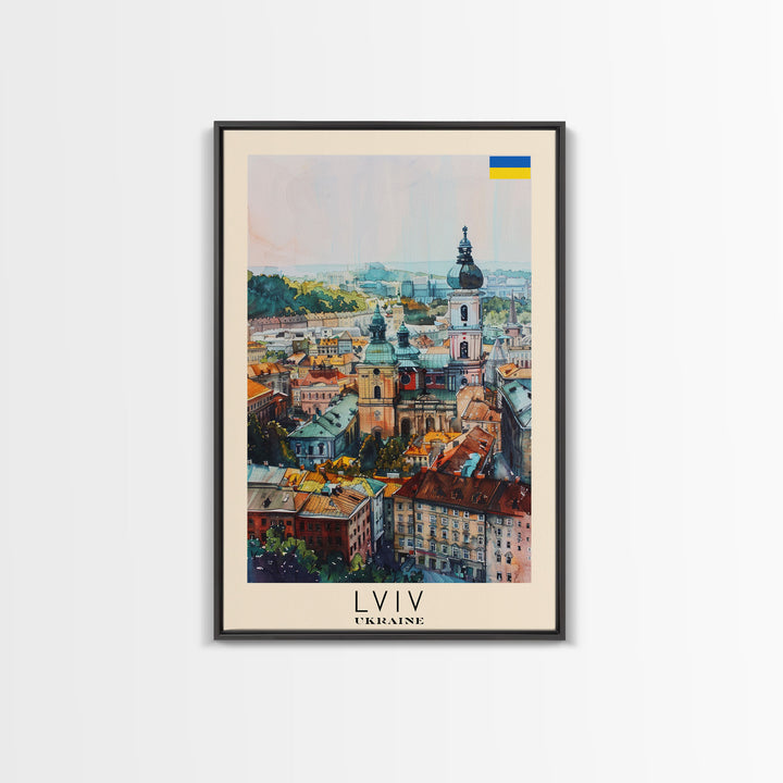 Lviv Ukraine Travel Poster Framed Canvas Print, Colorful Cityscape, Urban Wall Art, Home Decoration, Travel Print, Original Painting