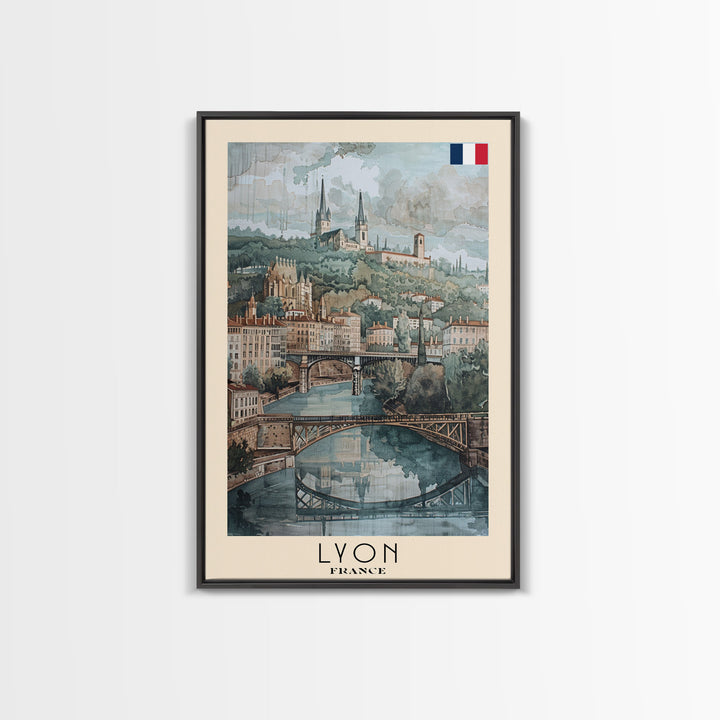 Lyon France Travel Poster Framed Canvas Print, Historic Cityscape, Watercolor Art, Wall Hanging, Home Decor, Travel Print, Art Collectible