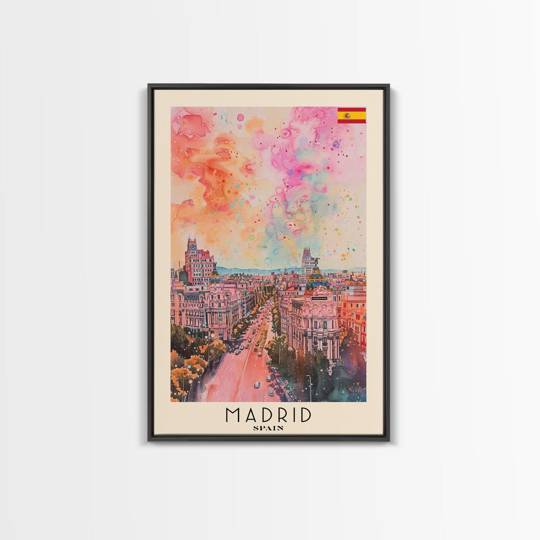 Madrid Spain Travel Poster Framed Canvas Print, Iconic Cityscape, Urban Art, Wall Decor, Home Decoration, Travel Print, Original Artwork