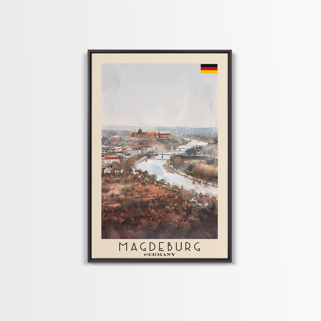 Magdeburg Germany Travel Poster Framed Canvas Print, Historic Landmarks, Watercolor Art, Wall Decor, Home Interior, Travel Print, Artistic Gift