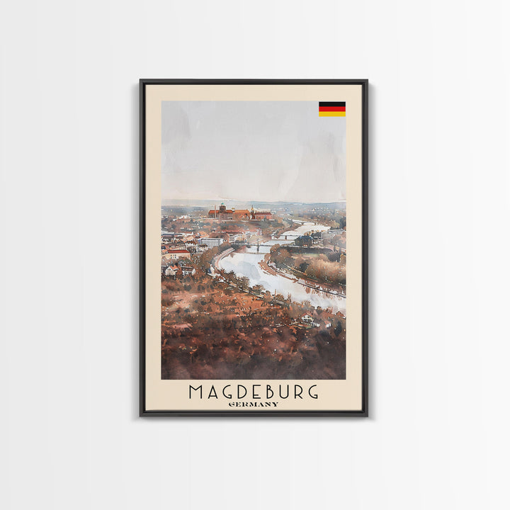 Magdeburg Germany Travel Poster Framed Canvas Print, Historic Landmarks, Watercolor Art, Wall Decor, Home Interior, Travel Print, Artistic Gift