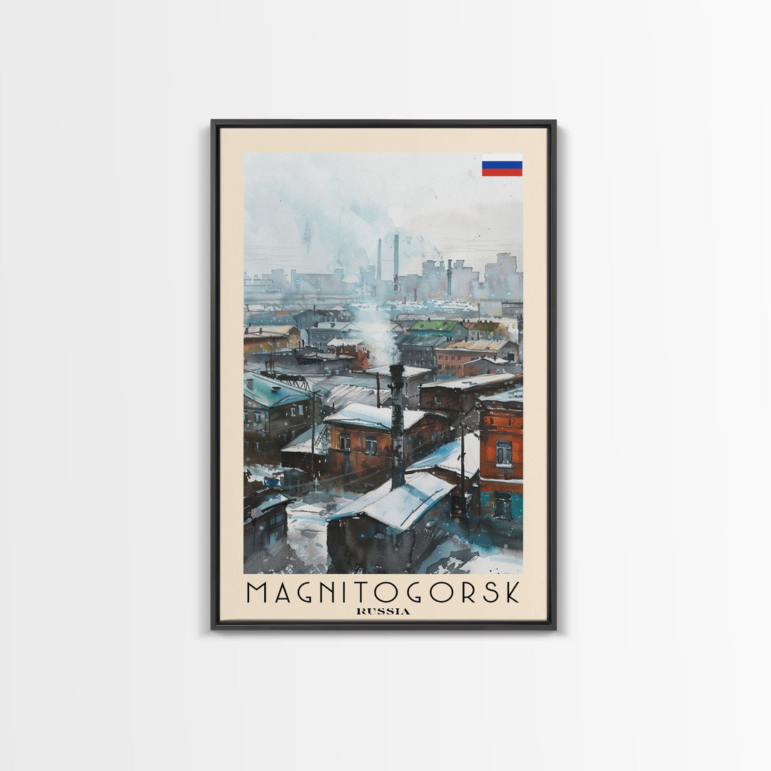 Magnitogorsk Russia Travel Poster Framed Canvas Print, Industrial Cityscape, Watercolor Painting, Wall Art, Home Decor, Travel Print, Original Piece