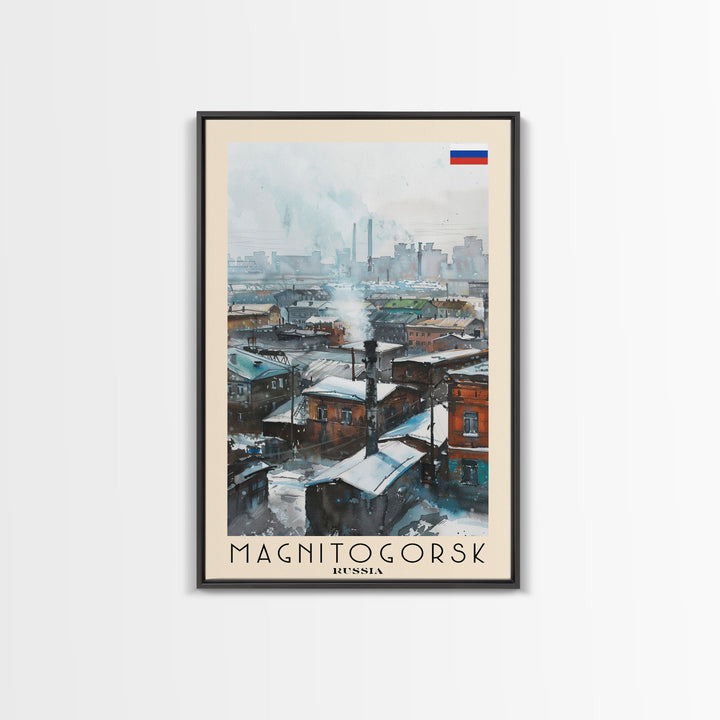 Magnitogorsk Russia Travel Poster Framed Canvas Print, Industrial Cityscape, Watercolor Painting, Wall Art, Home Decor, Travel Print, Original Piece