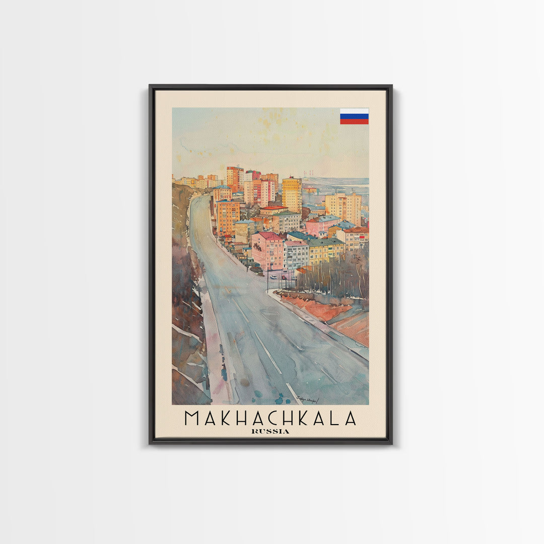 Makhachkala Russia Travel Poster Framed Canvas Print, Coastal Cityscape, Watercolor Art, Wall Hanging, Home Decor, Travel Print, Artistic Gift